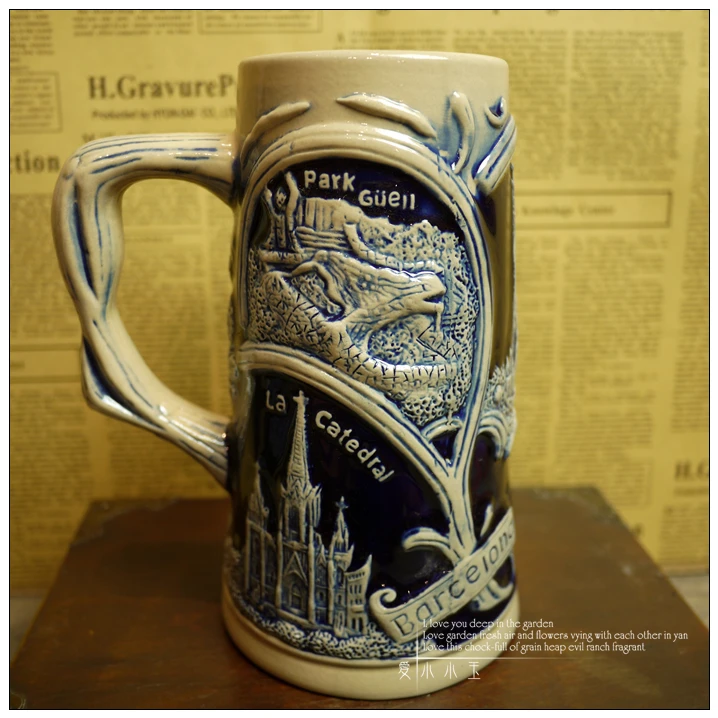 2016 New Arrival Ceramic German Beer Mug Spain Building Hand Painted Mugs Embossed Pattern Coffee Cup 15*19cm | Дом и сад
