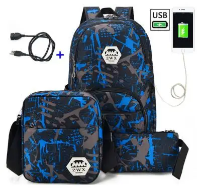 

3pcs USB Male backpack bag set red and blue high school bag for boys one shoulder big student book bag men school backpack