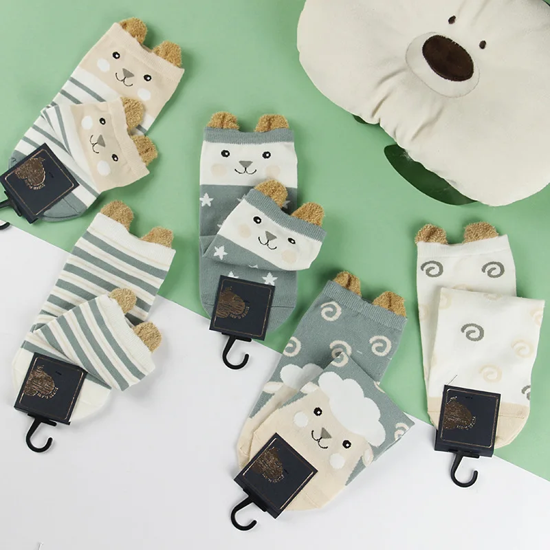 5 Pairs/Lot Women Cute Kawaii Short Socks Cartoon Animals Ears Funny Pattern Jingle Cat Bear Sheep Cotton Ankle Student Socks - Цвет: 5 Piars Sheep Style