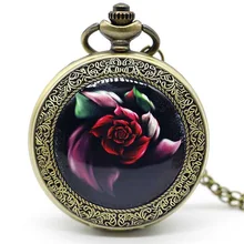 Mejor cosecha, reloj de bolsillo de cuarzo con diseño de rosa roja, flores de bronce, cadena Fob, reloj Steampunk, el mejor regalo para hombres y mujeres PB619