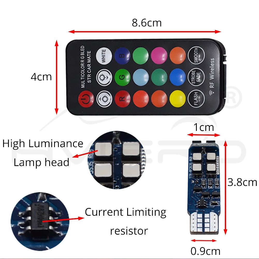 T10 W5W RF Управление RGB светодиодный чтение светильник RGB T10 светодиодный 194 168 автомобильный габаритный фонарь номерного знака светильник позиции купольный светильник AC/DC 12V