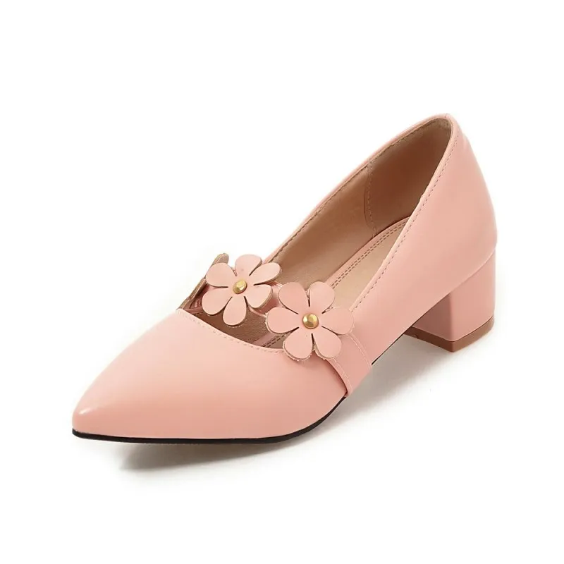 

2017 New women shoes pumps fashion pointed toe shoes woman mid heels Ladies shoes Flower footwear big size 33-47 spring autumn