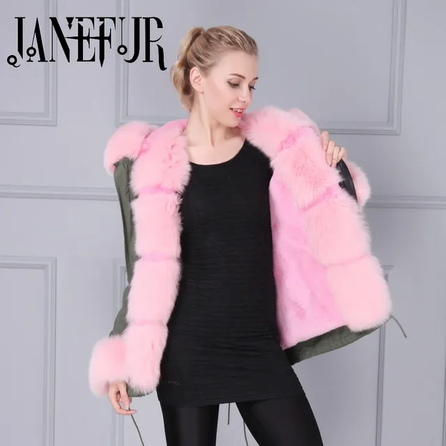 Cheap Pink fake Fur Lining Kahki Green Parka with Big Fox Fur Hood Winter Coat for Women with Natural Fur Trim