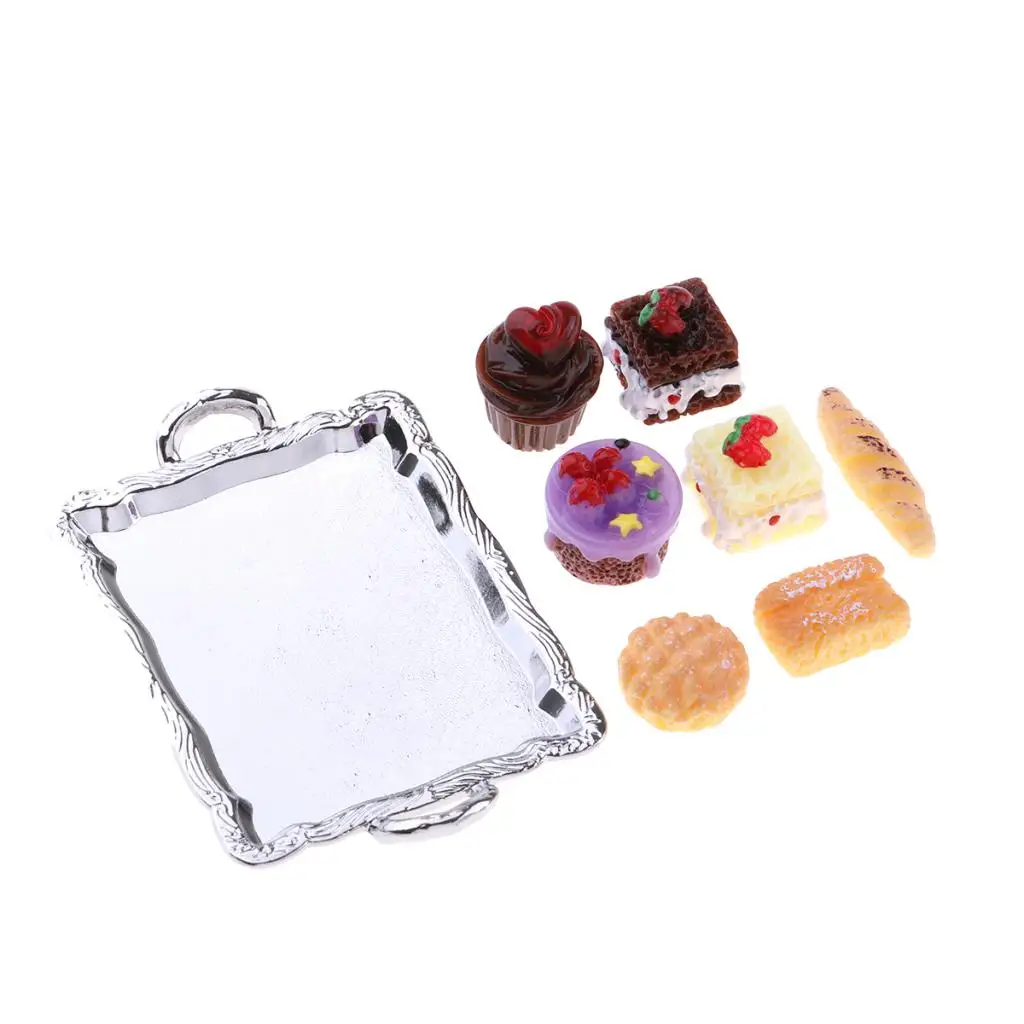 1/12 Dollhouse Miniature Food Cake Plate Bread Set For Kitchen Dining Room Decoration with Silver Tray