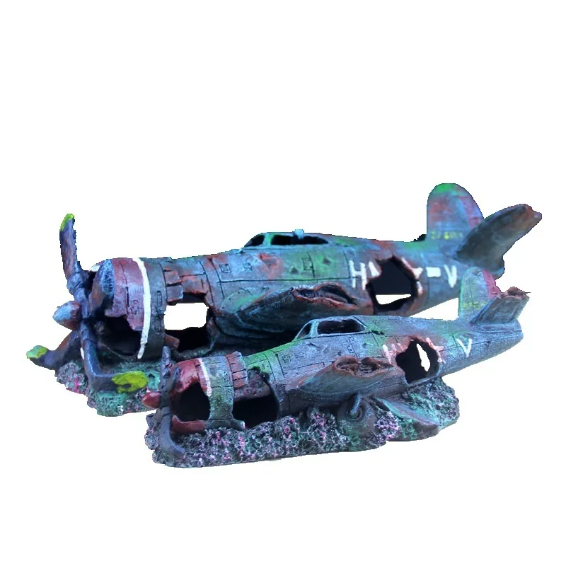 37*17*13 cm Resin Fish Tank Damaged Battleplane Aquarium Decoration