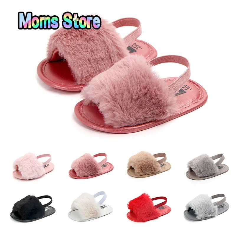 New Summer Soft Hair Style Classic Baby Girl Slipper Sandals Breathable Baby Fur Shoes Simple Elastic Sandals Princess Baby