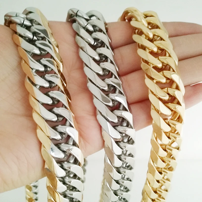 13/16mm Wide Cool Stainless Steel Silver Color/Gold Color Cut Cuban Curb Chain Men's Necklace Or Bracelet Unisexs Jewelry 7&quot-40&quot |