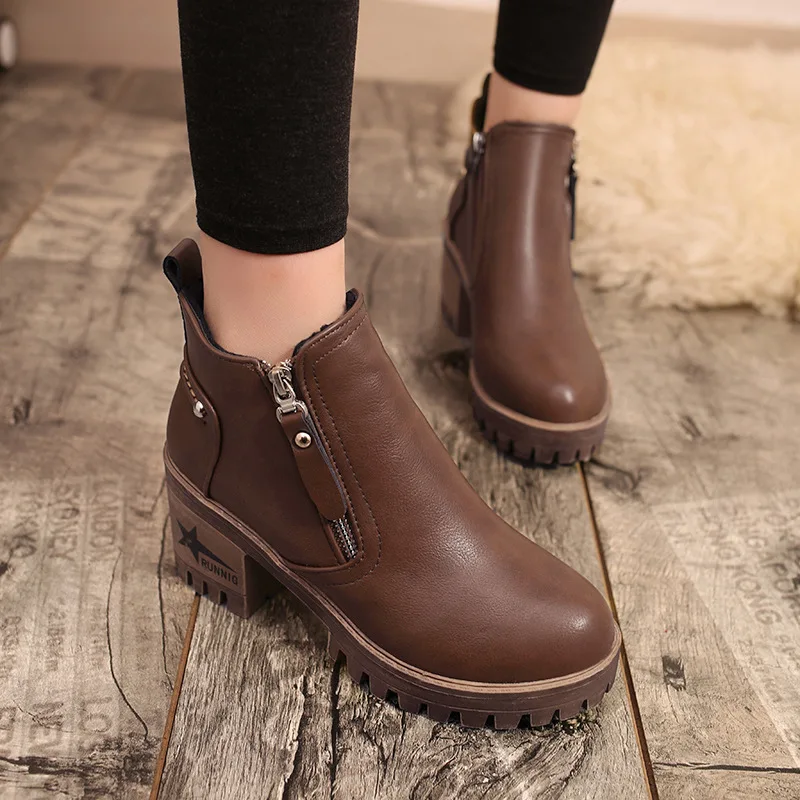 

New Women Thick Heels Ankle Boots with Fur Winter Warm Fleeces Shoes Solid Brown Retro Stylish Female Martin Boots with Side Zip