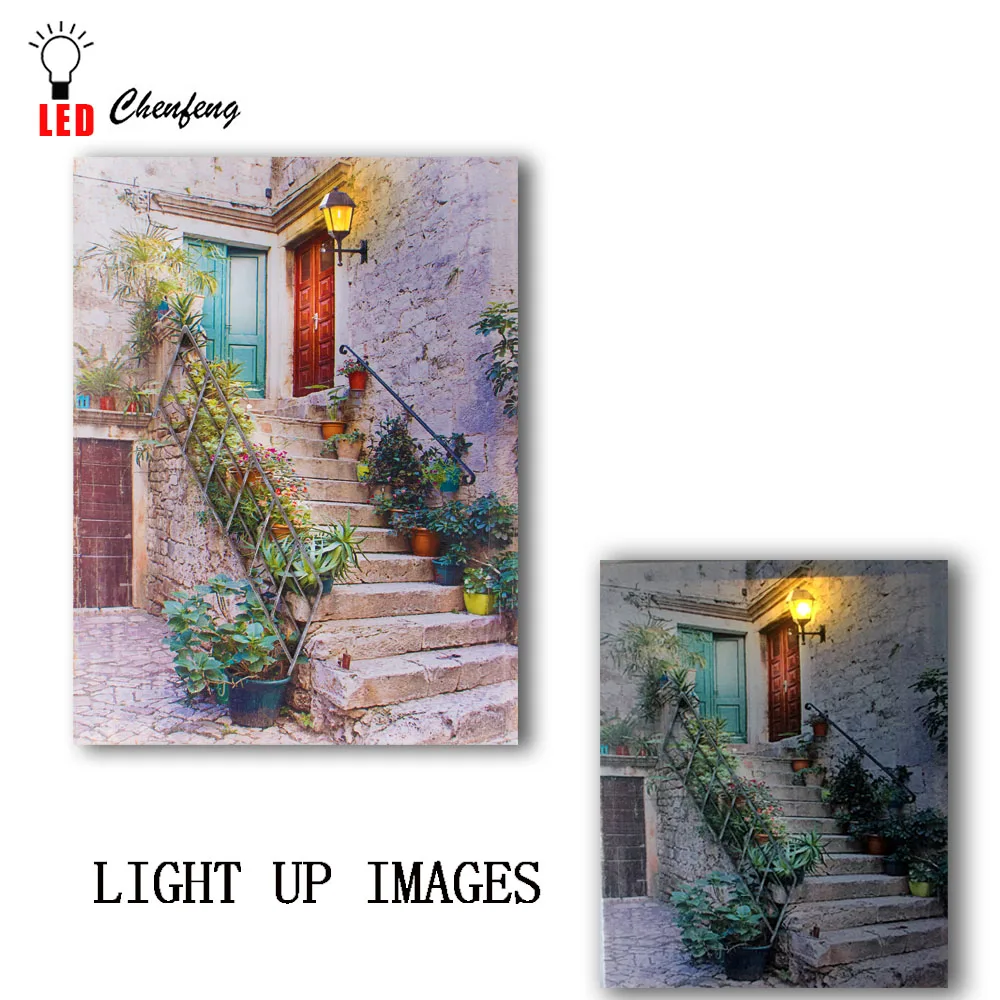

Lighted led canvas print streelight with stone building painting wall picture canvas wall art spring decorative gifts dropship