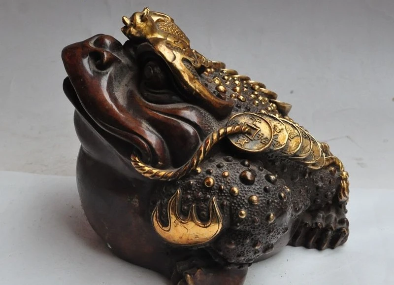 

9"china bronze gilt wealth money coin Golden Toad bufo spittor lucky rich statue