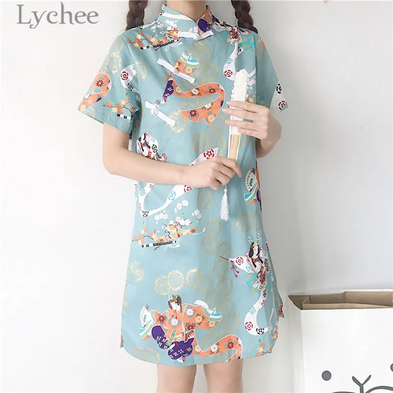 Личи Харадзюку характер cheongsam платье с коротким рукавом платья свободные сладкое