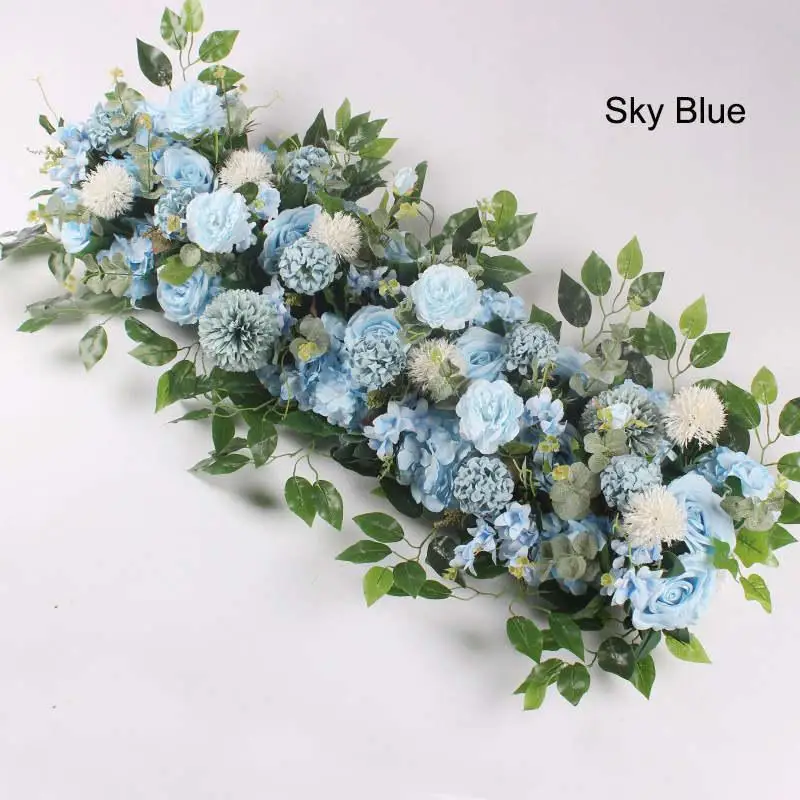 Sky Blue 50cm Length DIY Arch Flower Row Silk Flower with Foam Acanthosphere Rose Peony Mix Flower for Wedding Backdrop Decoration - Цвет: Sky Blue
