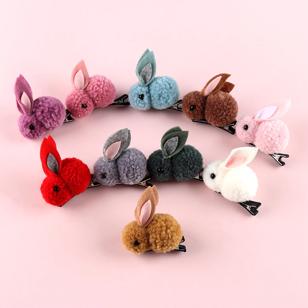 Korean Cute Girls Plush Rabbits Hair Clip Lovely Rabbits Hairpins 3D Animal kids Hair Clip