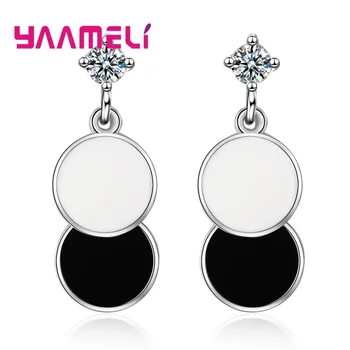 

Hot Sale Brincos White Black Enamel Party Earring 925 Sterling Silver Round Disk CZ Crystal Women Fashion Accessories Jewelry