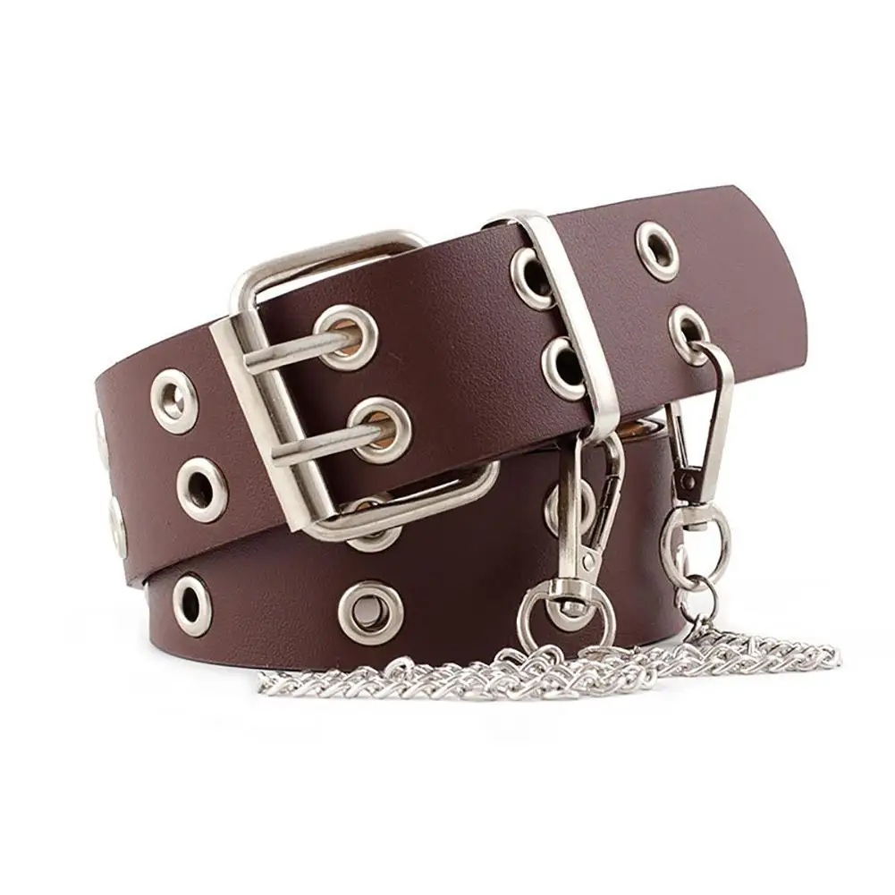 Double Silver Grommet 2 Holes Leather Belt 2-Prong buckle Unisex Mens Womens