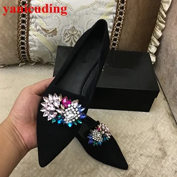 

Pointed Toe Kid Suede Women Flats Low Top Loafers Colorful Crystal Embellished New Brand Wedding Party Star Runway Shoes Slip On