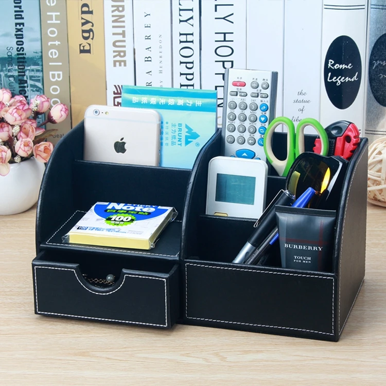 5 slot PU leather desk stationery wood card holder esktop organizer pen