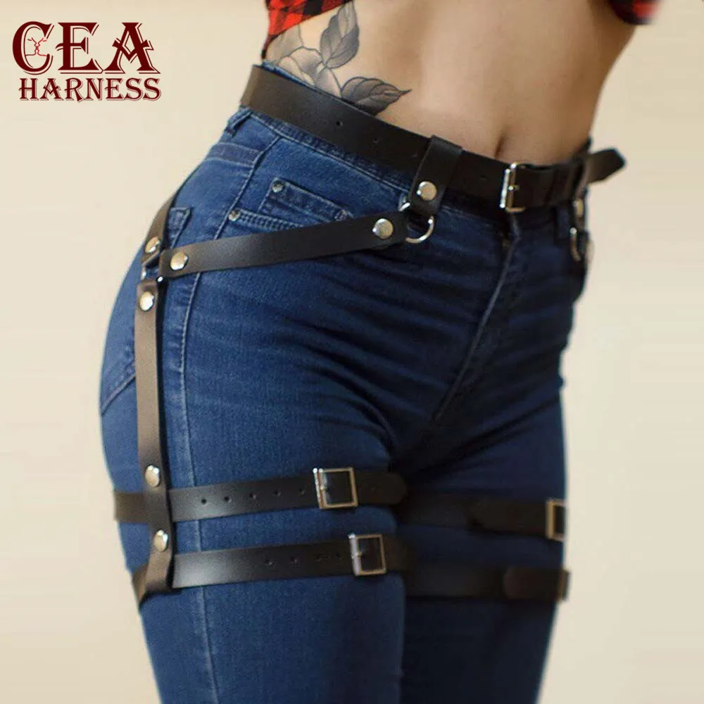 Online CEA. Arnés Harajuku accesorios eróticos hechos a mano liguero de cuero para mujeres cuerpo Bondage tirante ajustable cinturones mujeres arnés