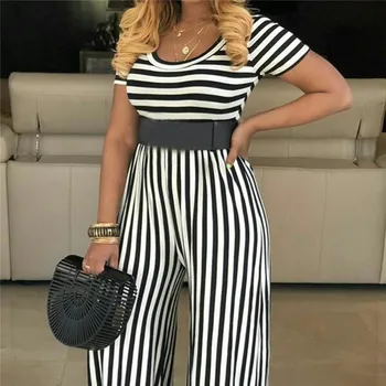 

Women Elegant Stripe Pattern Short Sleeve Party Long Jumpsuit Lady Casual O-neck Loose Bodysuit New Style