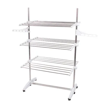 

OUNONA Folding Drying Dryer Rack Hangers 3 Layers Clothes Laundry with Wheels Cloth Shoes Hanger