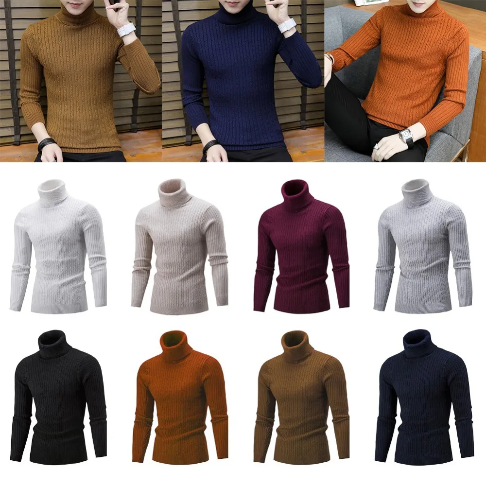 

Winter men simple fine warm knit turtleneck pullovers a solid colored twist sweater #289290