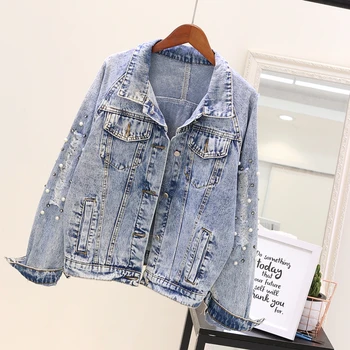 

Vintage Denim Jacket Womans 2020 Fall Holes Diamonds Beads Jean Jackets Outwear Female Students Casual Loose Jeans Coat Feminino