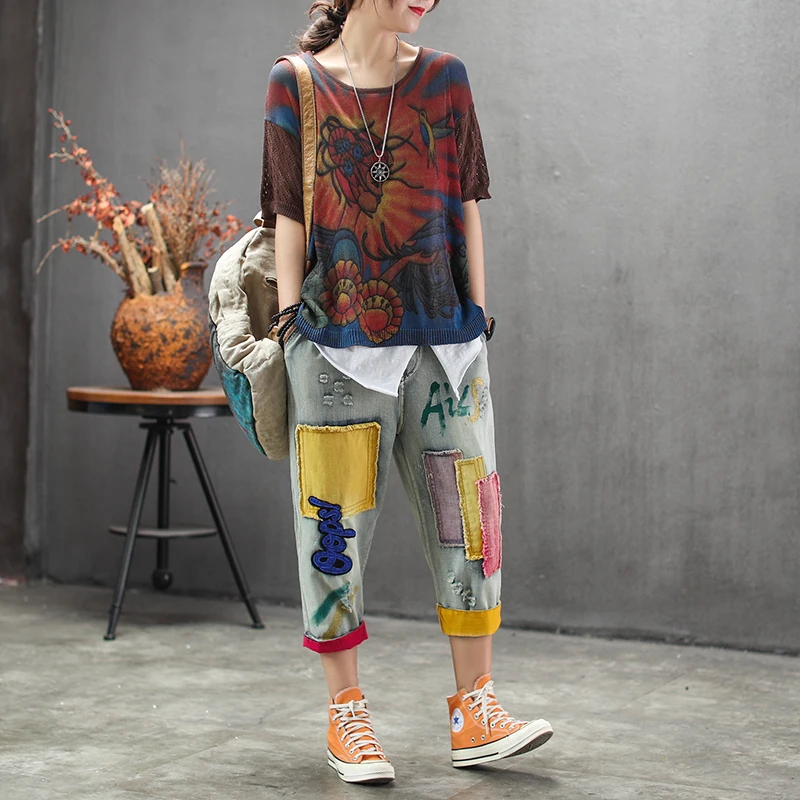 2019 الصيف خمر رقيقة محبوك القطن و الكتان قصيرة الأكمام تيز مع الرجعية الكرتون الطباعة س الرقبة تي شيرت ل امرأة Z0BZ30