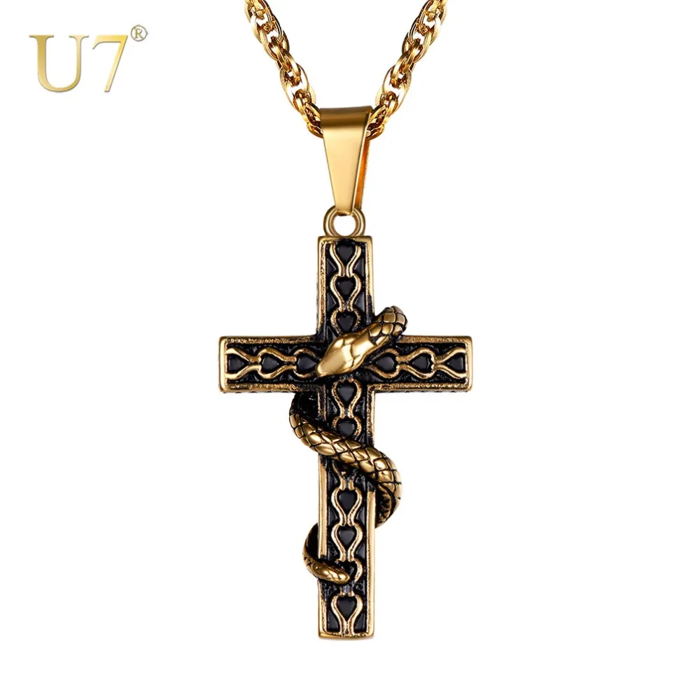 U7 мужской крест из нержавеющей стали 316L со змеиным кулоном, ожерелье s панк золотого цвета, Мужская цепочка с животным, ювелирное изделие, подарки P1222
