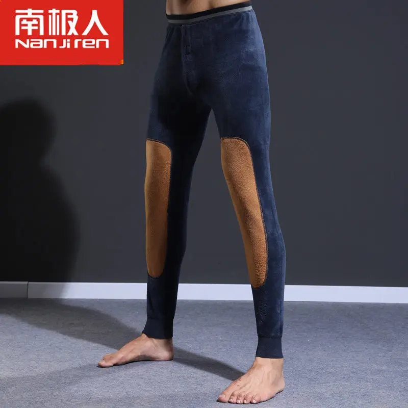 Men Long Johns Knee Pad Thick Wool Warm Pants Cotton Soft Velvet Long Johns Pants Thermal Underwear Bottoming Trousers