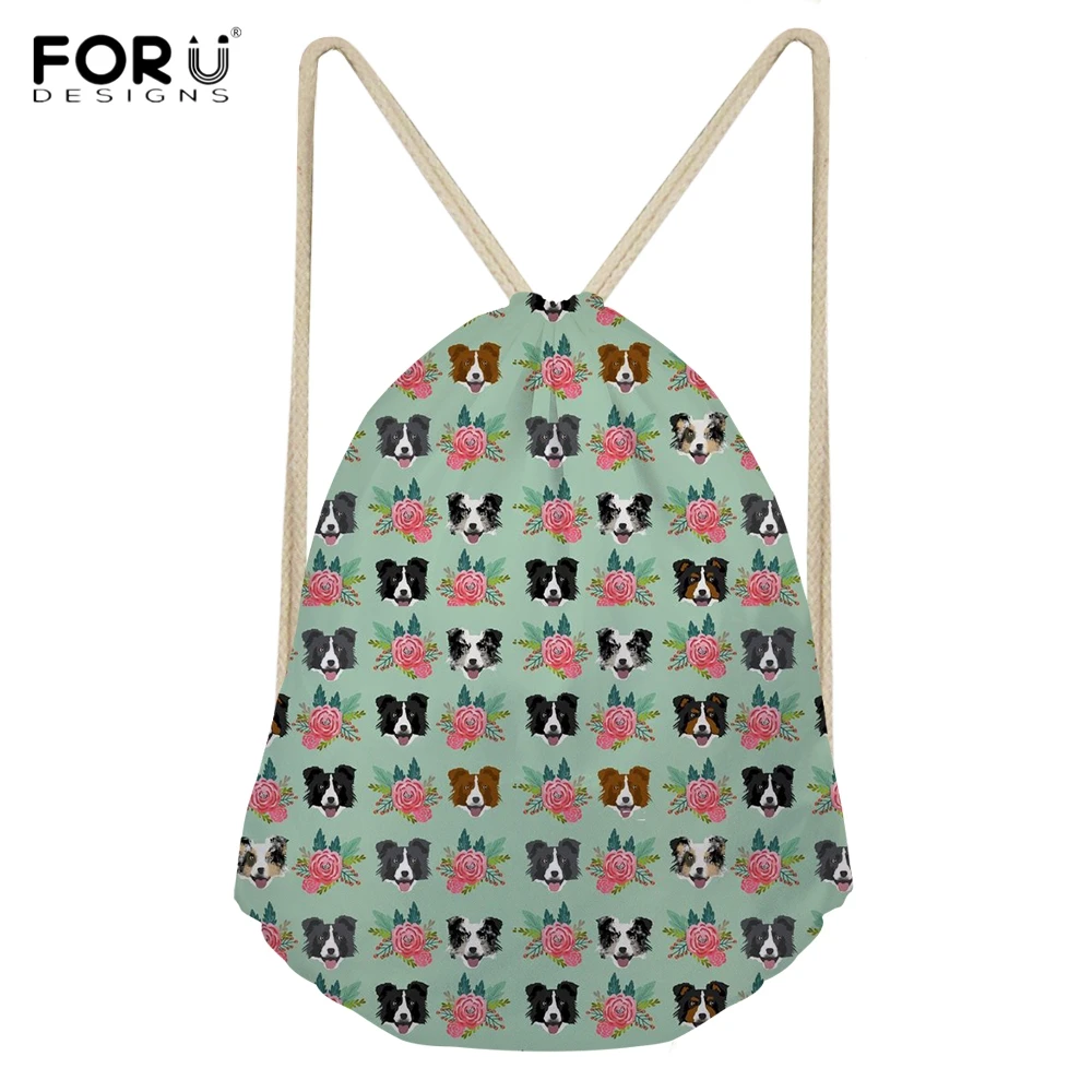 

FORUDESIGNS Casual Woman Drawstrings Bags Cute 3D Animal Border Collie Floral Printing Female Backpacks Multi-function Sack Bags