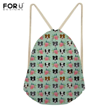 

FORUDESIGNS Casual Woman Drawstrings Bags Cute 3D Animal Border Collie Floral Printing Female Backpacks Multi-function Sack Bags