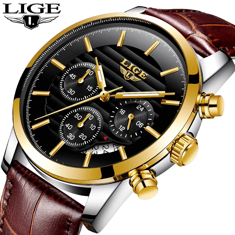 

LIGE Watch Men Fashion Sport Quartz Clock Mens Watches Top Brand Luxury Business Leather Waterproof Gold Watch Relogio Masculino