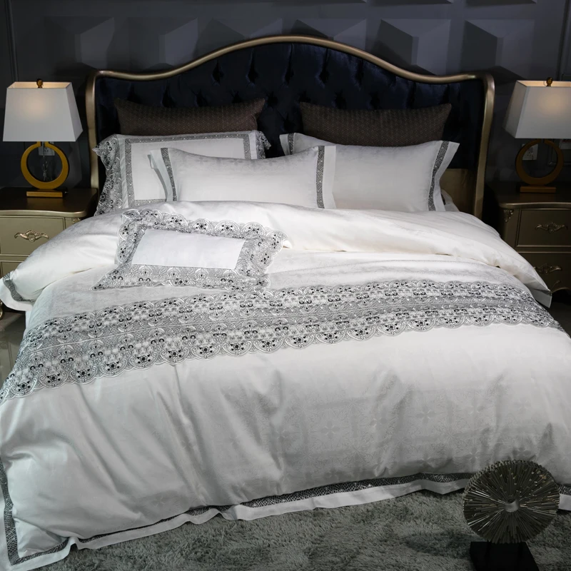 

4 Pieces King Size Bedding Sets Queen Size Europe Style Jacquard Duvet Cover Set Pillow Cases Flat Sheet Bed Linen