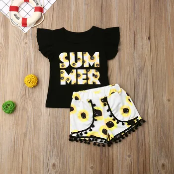 

Pudcoco Summer Toddler Baby Girl Clothes Fly Sleeve Cotton T-Shirt Tops Tassel Sunflower Print Short Pants 2Pcs Outfits Clothes