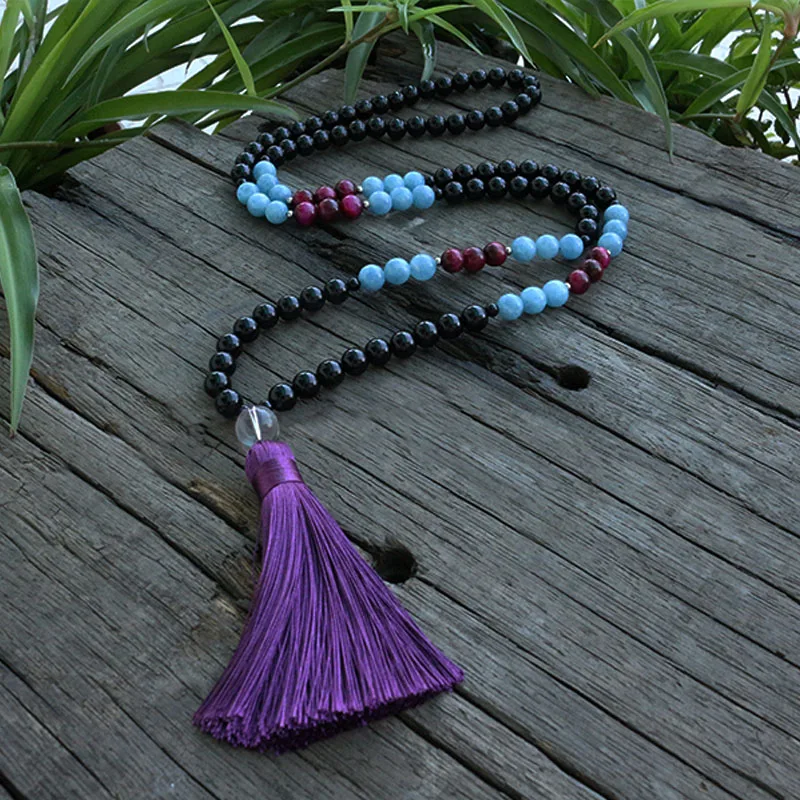 

8mm Amazonite And Black Onyx Beads Necklace, Encouragement Inner Power JapaMala, 108 Bead Mala, Mala Jewelry, Mala Prayer Beads