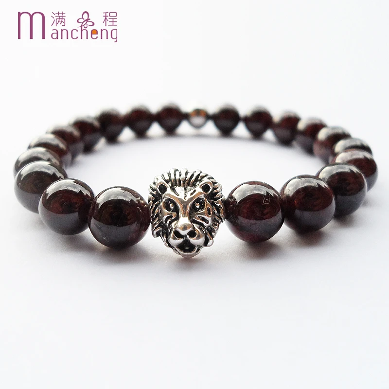 

Fashion (5A) 8MM Round Red natural Garnets stainless steel ball Ancient silver men strand lion head beads bracelet for women
