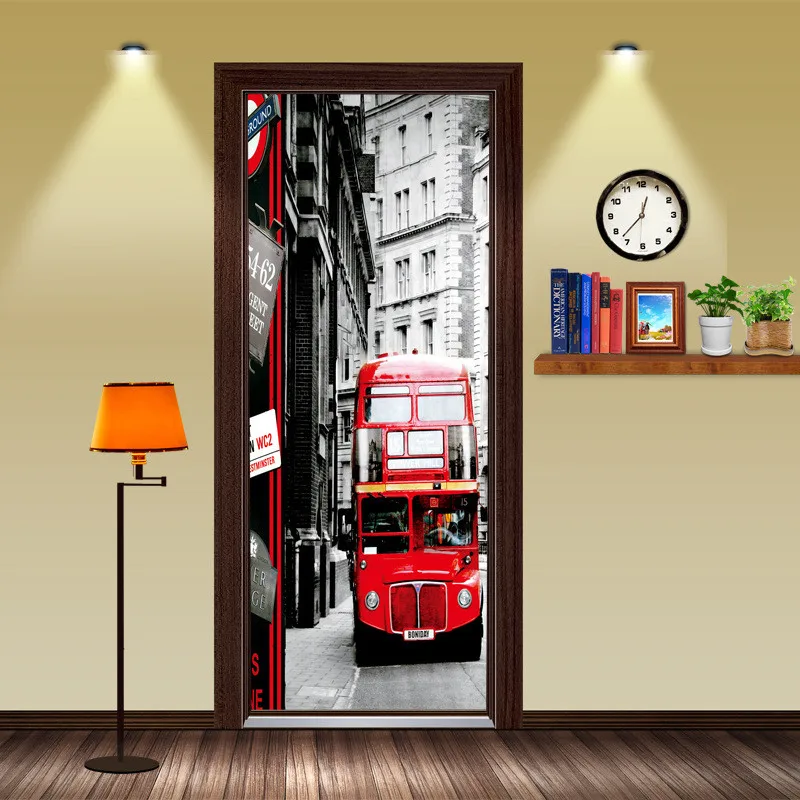 

Hong Kong Retro Bus 3D Stickers on the doors Self Adhesive PVC Wallpaper For Door Bedroom Entrance Decorative Mural Renovation