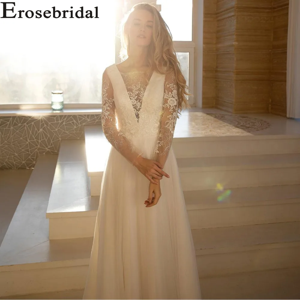 

Erosebridal Beach Wedding Dress 2019 Long Sleeve Boho Bridal Gown with Button Back Lace Gowns Vestido De Noiva In Stock
