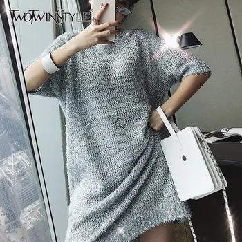 

TWOTWINSTYLE Women T Shirt Sliver Color Half Sleeve Knitting T Shirts Female Autumn Fashion 2018 Casual Clothing Tops New