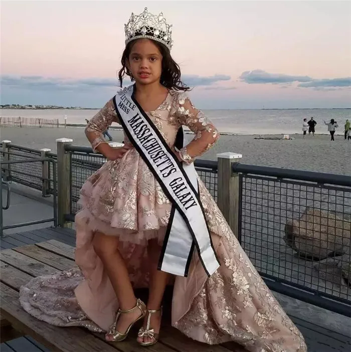 Nieuwe Roze Kant Meisjes Pageant Gown Jewel Neck Open Back Applique Lange Mouwen Hoge Lage Bloemenmeisje Jurk Custom Elke Size Nieuwe Roze Kant Meisjes Pageant Gown Jewel Neck Open Back Applique Lange Mouwen Hoge Lage Bloemenmeisje Jurk Custom Elke Size