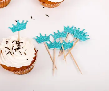 

Turquoise glitter crown Cupcake Toppers - boy birthday baby shower wedding cake topper party toothpicks food pick