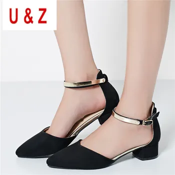 

Lovely Golden Metal buckle block heels pumps Best gifts,Classic pointy toe 35mm Square heels with straps Black/Gray Suede Sale