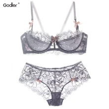 Godier, женский кружевной бюстгальтер, набор, пуш-ап, нижнее белье, прозрачный бюстгальтер размера плюс, вышивка, бюстгальтер, набор, 1/2 чашки, soutien gorge, сексуальный