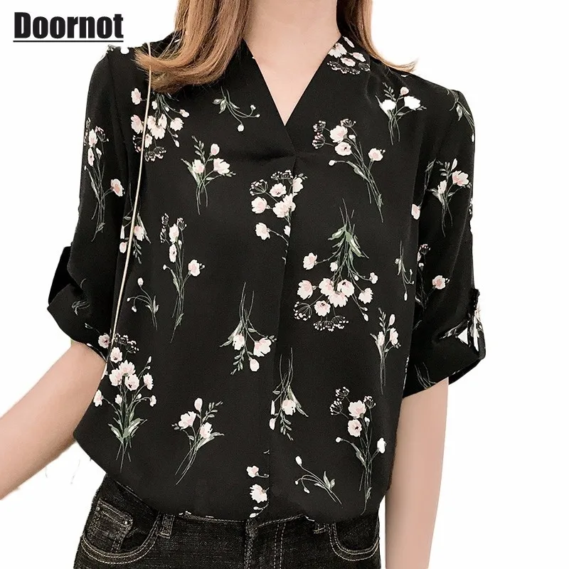 Doornot V neck Chiffon Big Shirts Summer Fashion Loose Cuffs Floral Print Plus size Blusas Black Tops femme camisetas mujer |