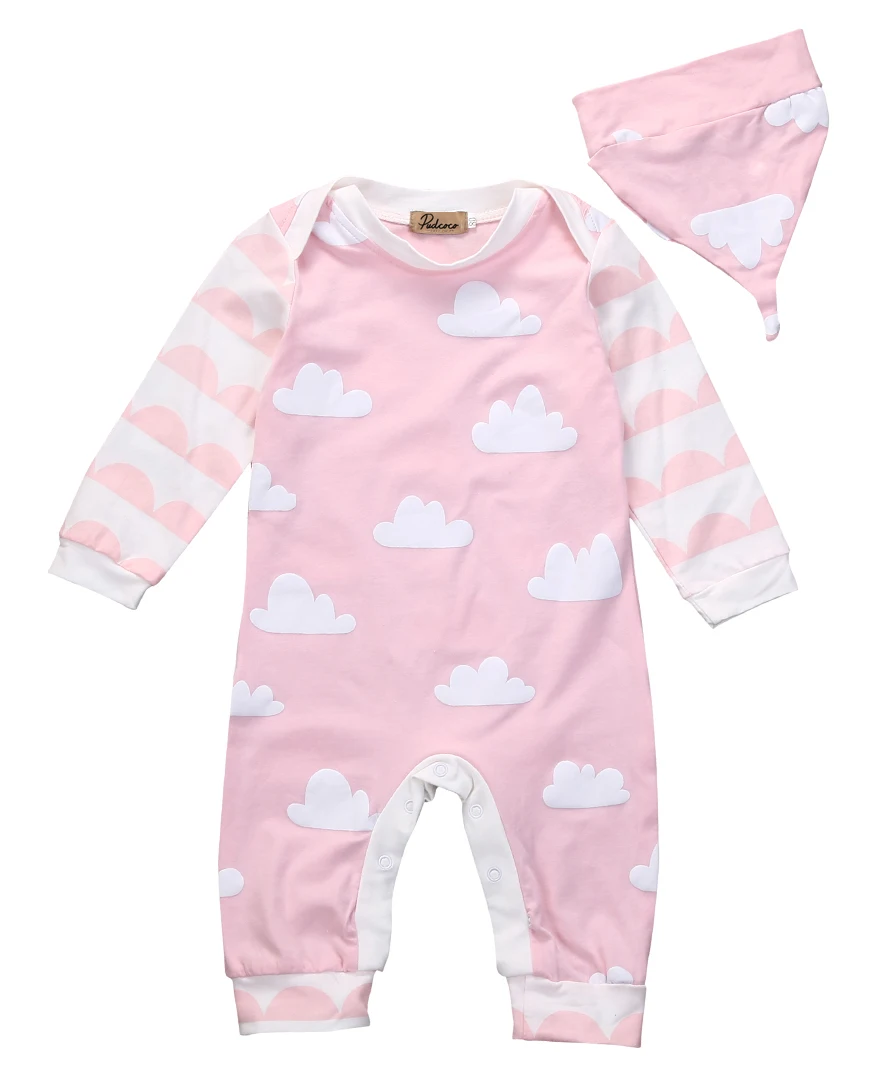 

Newborn Baby Boys Girls Long Sleeve Print Romper Jumpsuit Playsuit Hat Kids Infant Outfits Childre Autumn Spring Clothes Set