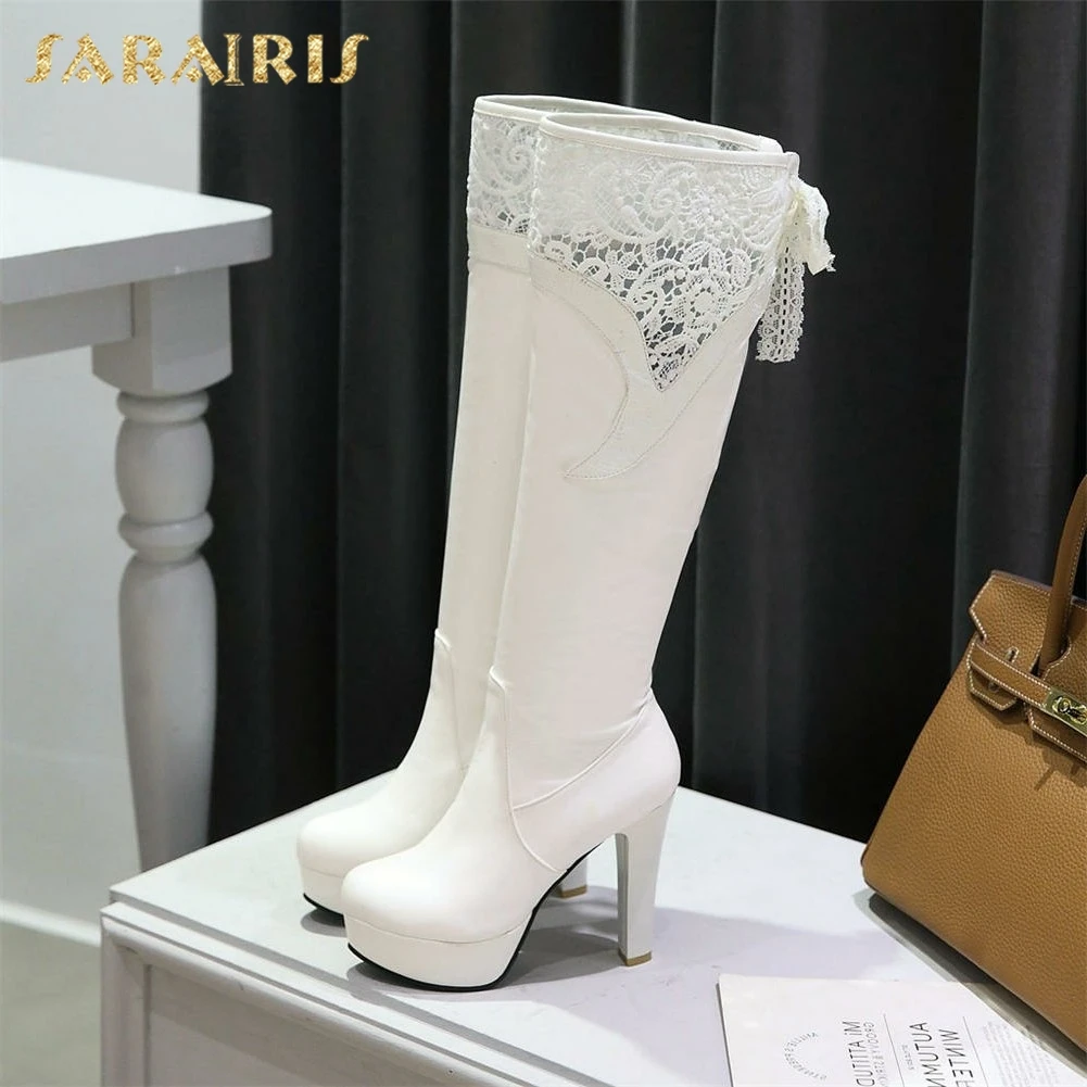 SARAIRIS/ г. Большой размер 32-43, зимняя обувь с кружевным верхом пикантные женские сапоги до колена на высоком каблуке вечерние женские туфли на платформе