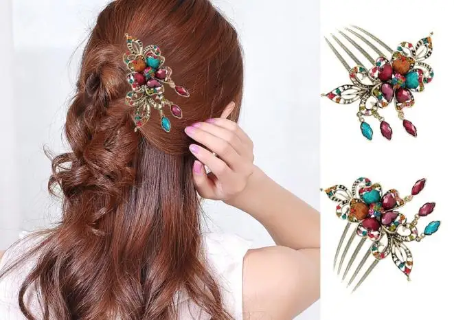 

Fashion Women Hair Combs Accessory Retro Rhinestone Flower Tuck Comb Hair Fork Headwear Five-finger Comb