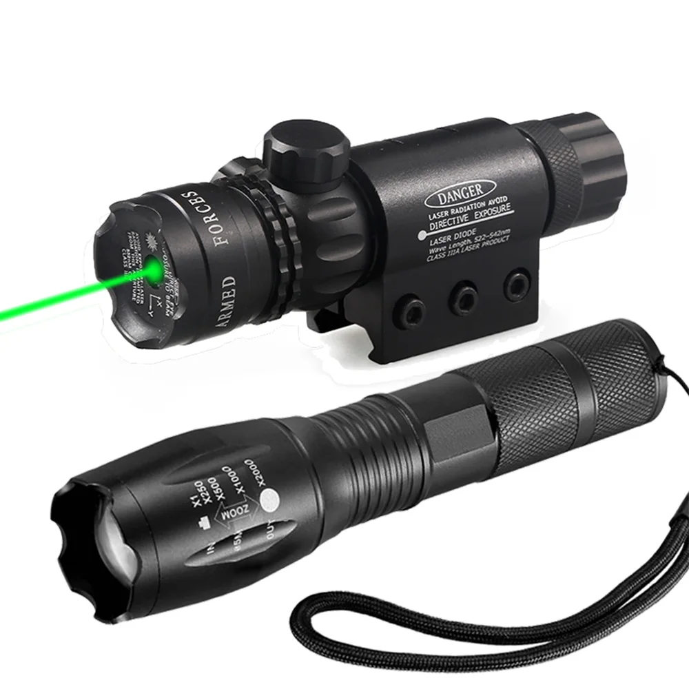 

Tactical T6 LED Flashlight Zoomable Torch + Adjustable Green Dot Laser Sight Rifle Hunting Scope 2 Mount for Outdoor Hunting