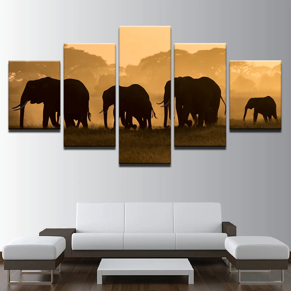 

Canvas Wall Art Pictures Framework Home Decor 5 Pieces Sunset Steppe Elephant Group Paintings Modular HD Prints Animal Poster
