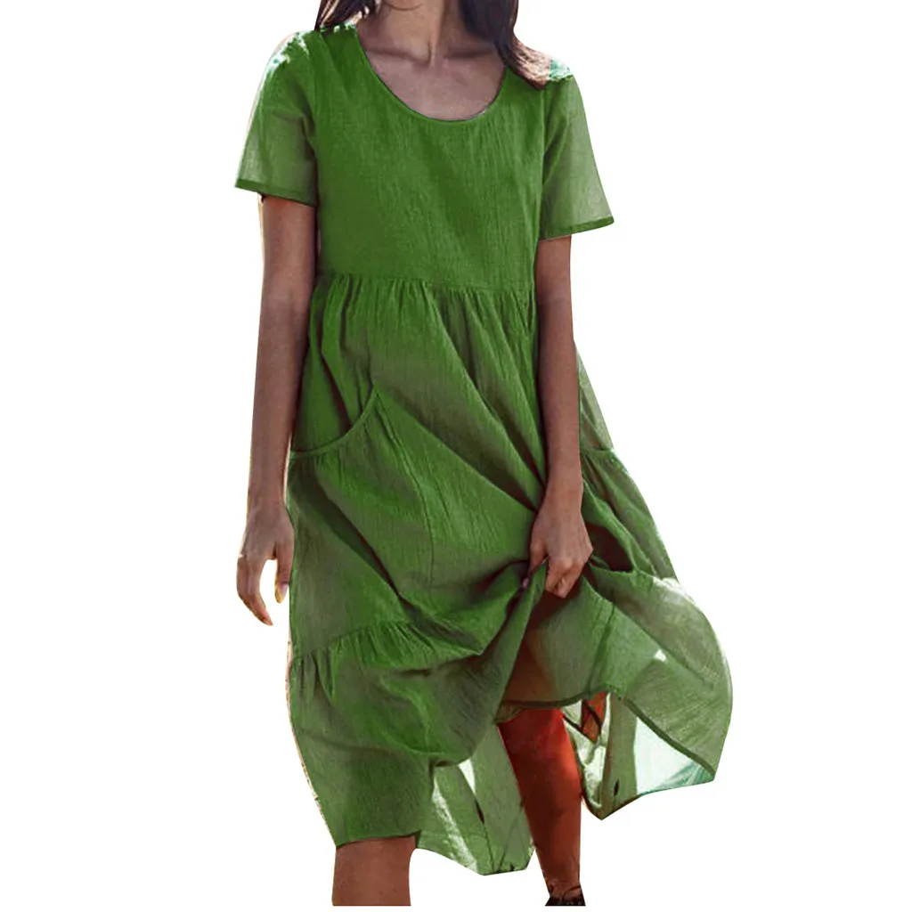 

Dresses Women Green White Beige Dresses xxl 3xl 4xl 5xl 2019 Pockets Short Sleeve Cotton And Linen Easy Sandy Beach Dress/8.3